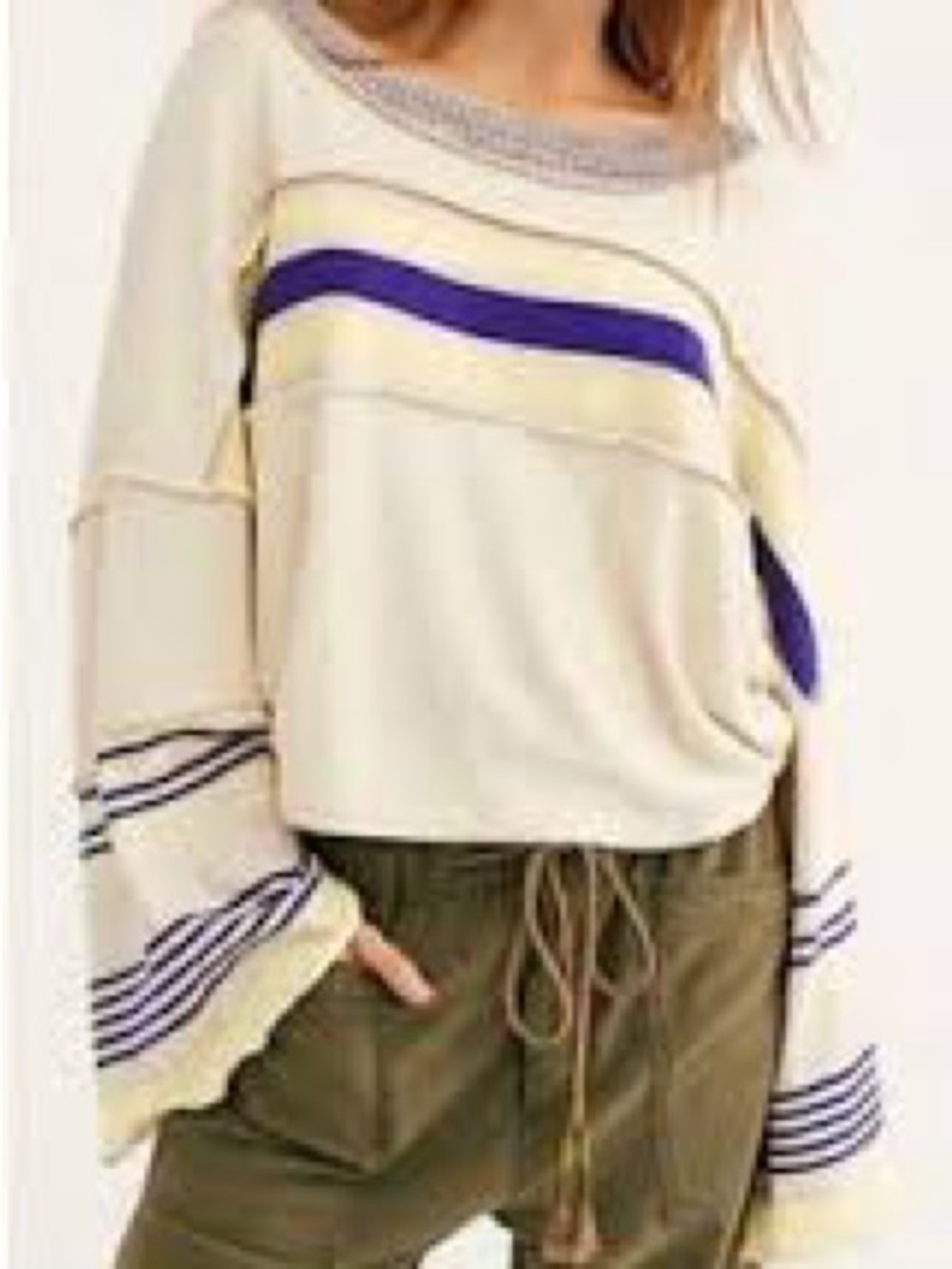 Free People Cream Sweater with Blue and Yellow Stripes